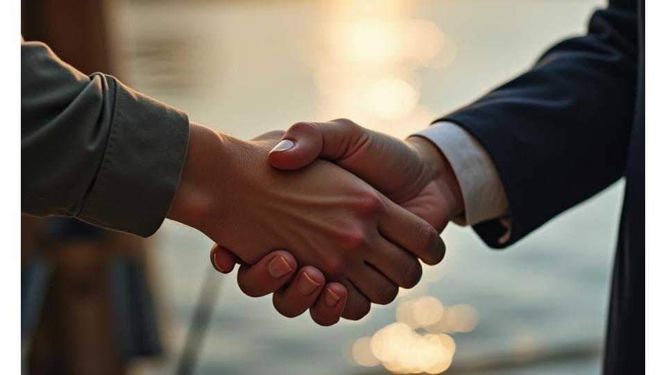 Close-up of hands shaking over a fishing rod, symbolizing a fair transaction and agreement for outdoor services.