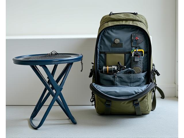 Specialized urban fishing backpack with multiple compartments for gear, next to a portable stool