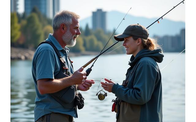 Beginner angler receiving instruction from an experienced guide near an urban waterfront, focusing on casting technique