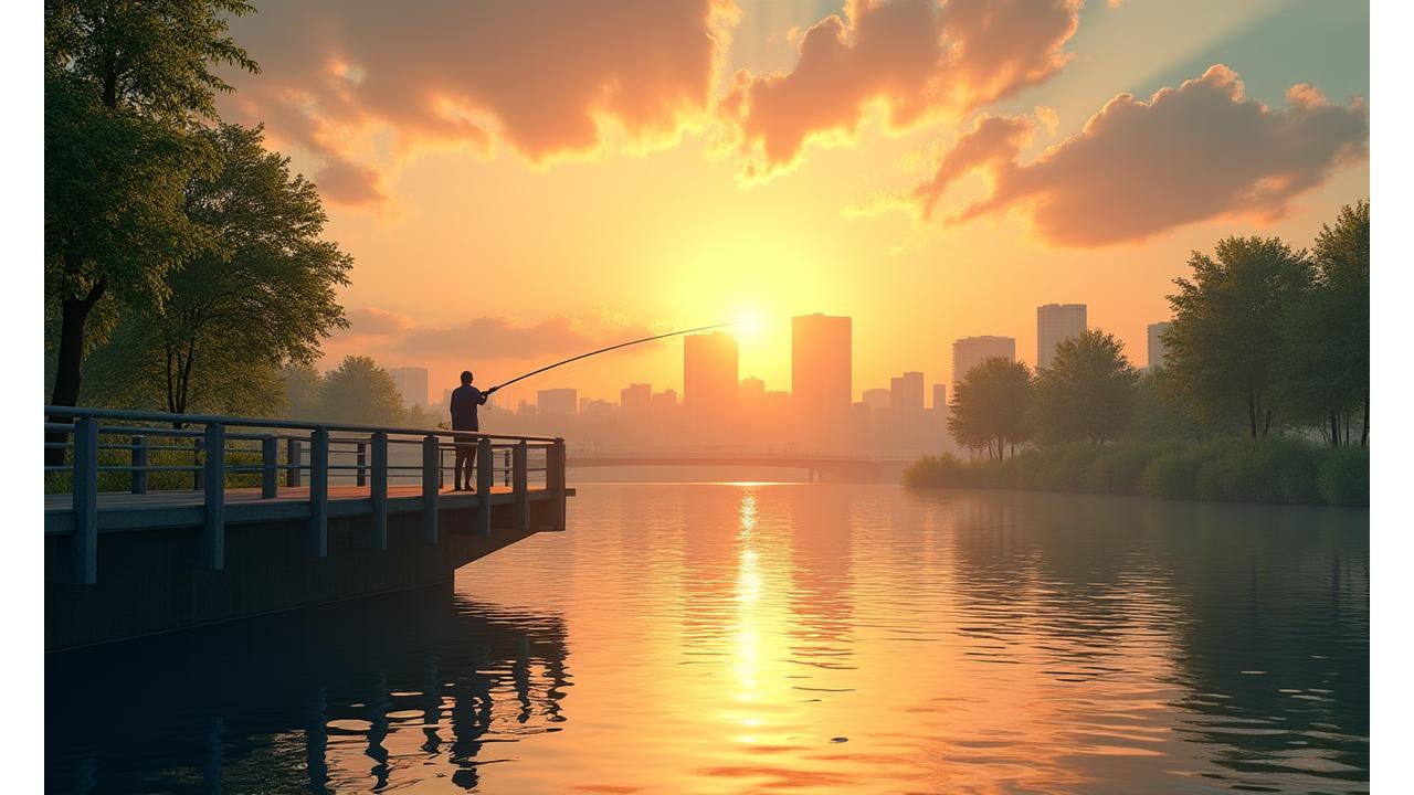 Angler casting a fishing rod from a city bridge over serene water at sunset