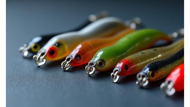 Close-up of various small fishing lures, ideal for urban settings, laid out neatly