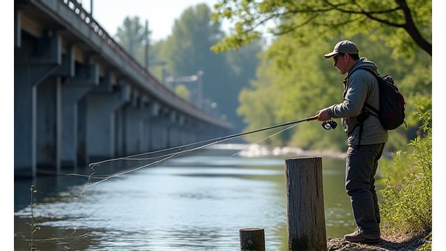 Angler demonstrating precise casting technique near submerged logs and urban structures